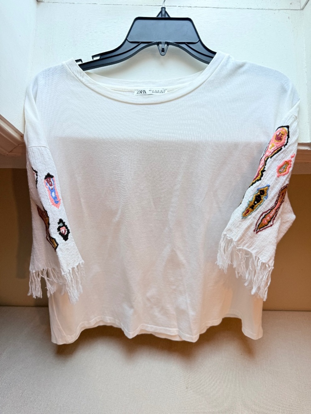 Zara Boho Top Tee With Embroidered Sleeves Fall Transitional Size M